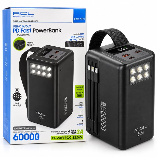 ACL PW-151 60000 mAh Hızlı Şarj Powerbank 22.5W Fenerli Kasa