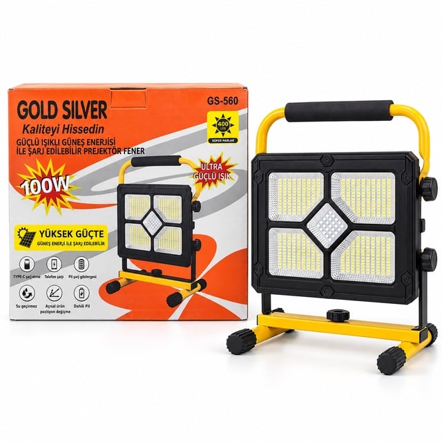 Gold Silver GS-560 100W Güneş Enerjili Şarjlı Projektör Fener
