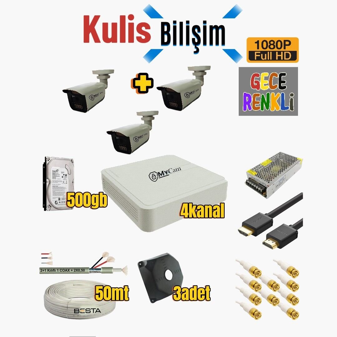 Mycam AHD 3’lü kamera full set – kamera paketim Colorvu Işıklı