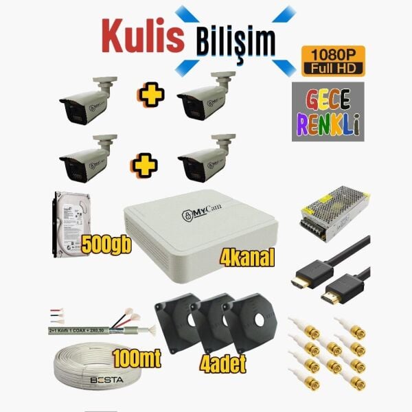Mycam 4'lü Gece Görüşlü 1080P Led Işıklı Güvenlik Kamera Paketi - Full Set