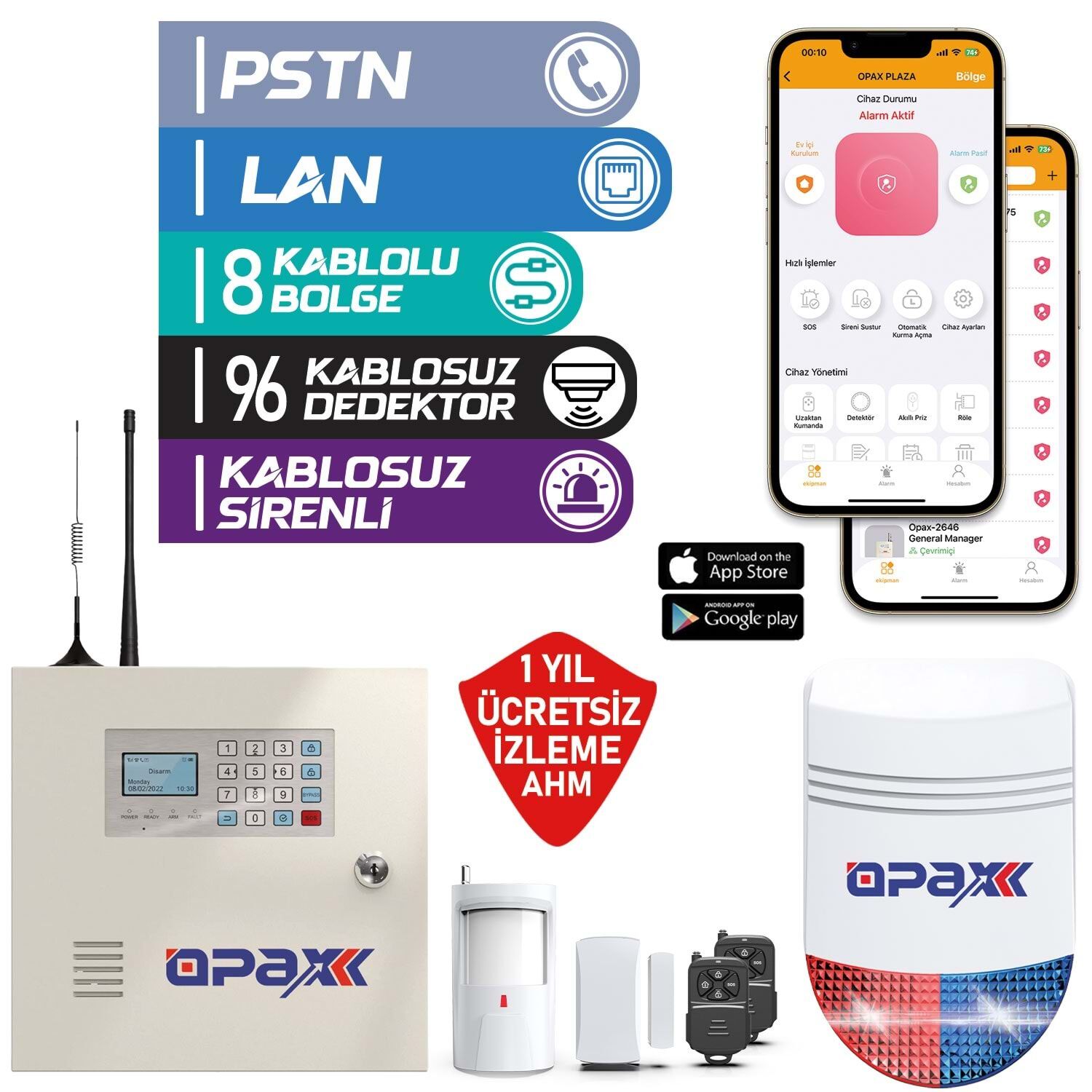 Opax-2545lan+Bgr+09+Akü Networklü Alarm Paneli &Bgr-09 Kablosuz Sirenli Fullset (1 Yıl Ahm Ücretsiz)