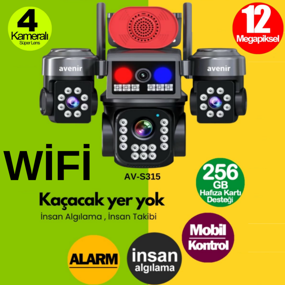 Avenir AV-S315 12MP 4 Kameralı Wi-Fi Sirenli PTZ Güvenlik Kamerası