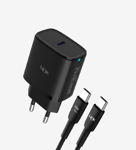 Linktech C311 Strong 25 W siyah şarj aleti ve Type-C kablosu