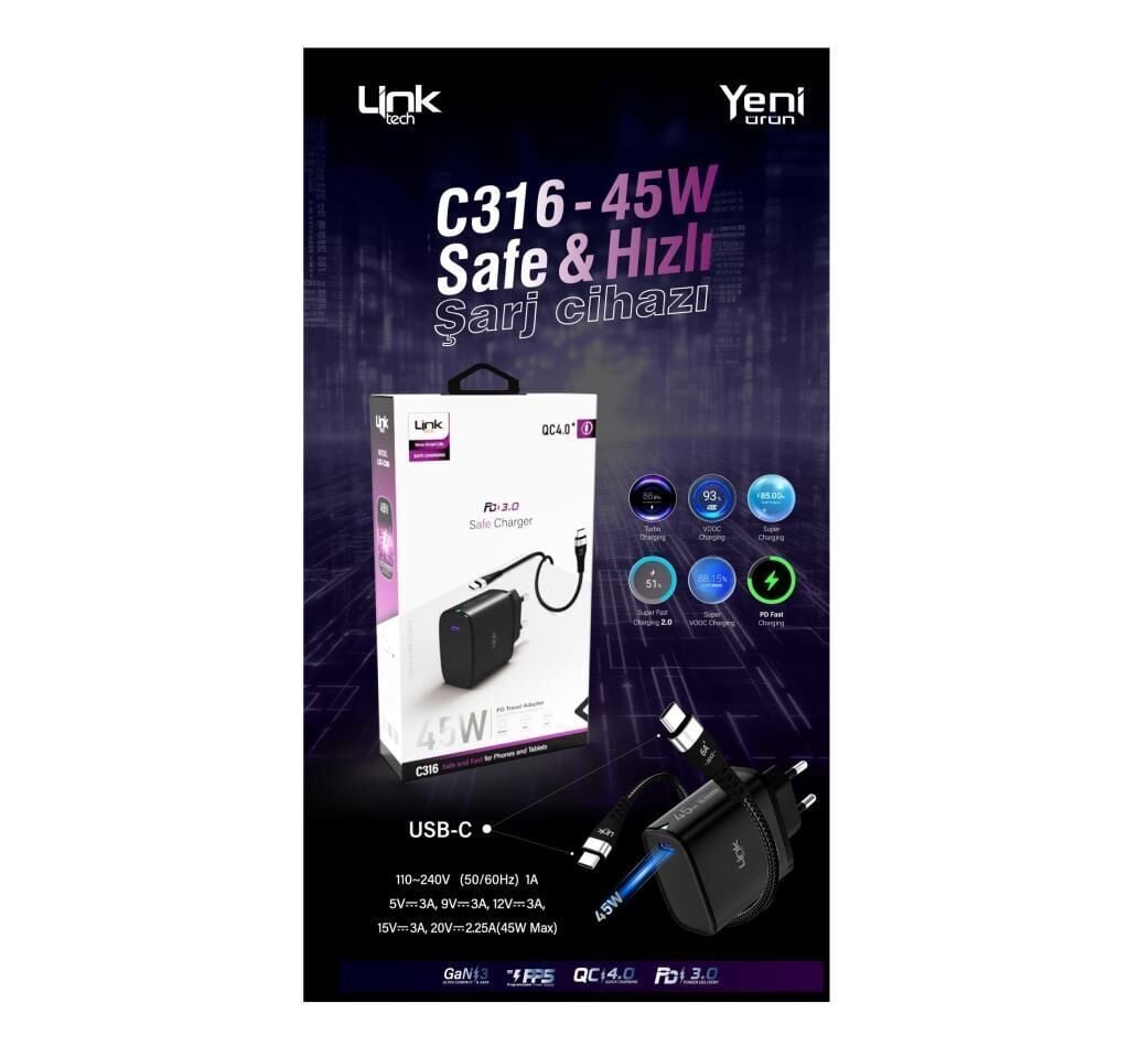 LİNKTECH C316  Şarj Aleti Type-C To Type-C Strong 45W GaN Teknoloji