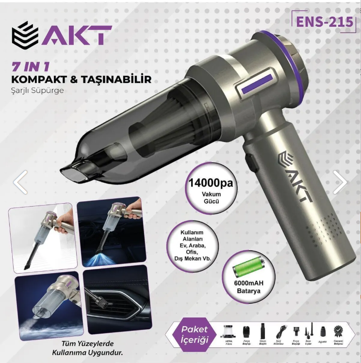 AKT Araç Süpergesi 2 Yıl Garantili 8 In 1 14000pa 3 Kademeli Vakumlu Üflemeli Ens-215