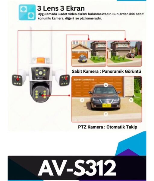 Avenir AV-S312 Wi-Fi Akıllı Ip ve Kablolu Çift Başlıklı 3 Lens 3 Kameralı 12 Mega Piksel
