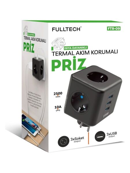 Fulltech Termal Akım Korumalı 3'lü Duvar Tipi Priz 3 Usb'li Küp Priz Ftr-09