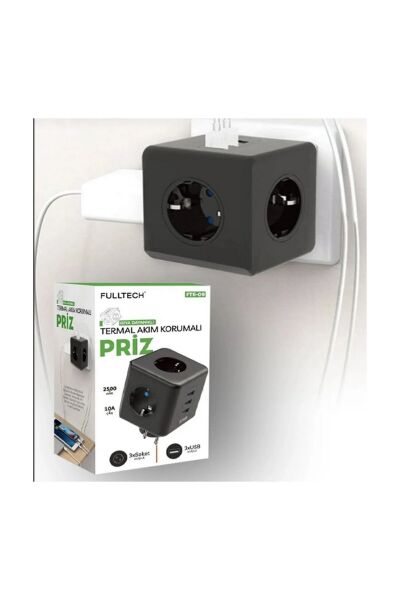 Fulltech Termal Akım Korumalı 3'lü Duvar Tipi Priz 3 Usb'li Küp Priz Ftr-09