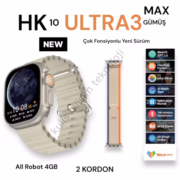 Hk10 Ultra3 Max 2.02 İnç Akıllı Saat All Robot  Gümüş