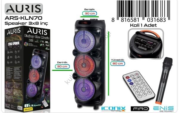 Auris Kln-70 8*3 İnç Dev Boy Party Speaker Bluetooth Hoparlör