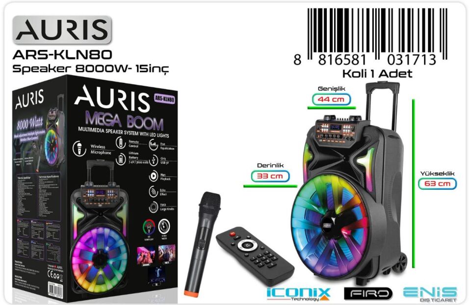 Auris KLN80 8000W Mikrofonlu Bluetooth Parti Hoparlör