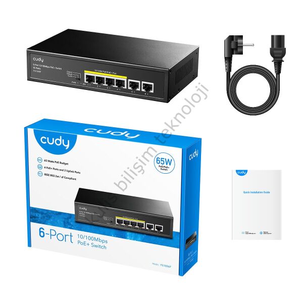CUDY FS1006P 6 Port 10/100 (4 Port Poe+) 60W (Tek portta 30W desteği) Switch