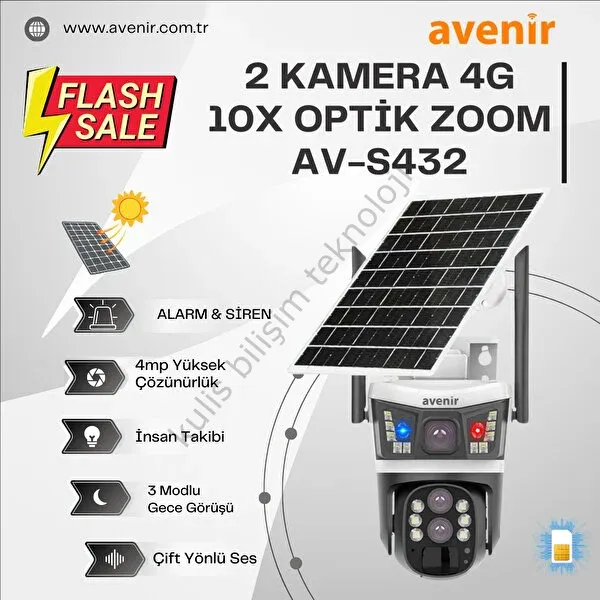 Avenir Av-s432 4mp 10x Optik Zoom 2 Kameralı Solar Ptz 4g Sim Kartlı Sesli Alarmlı Kamera