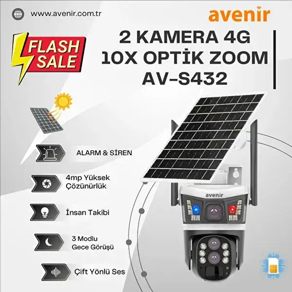 Avenir AV-S432 4MP 10x Optik Zoom 2 Kameralı Solar PTZ 4G SIM Kartlı Sesli Alarmlı Kamera