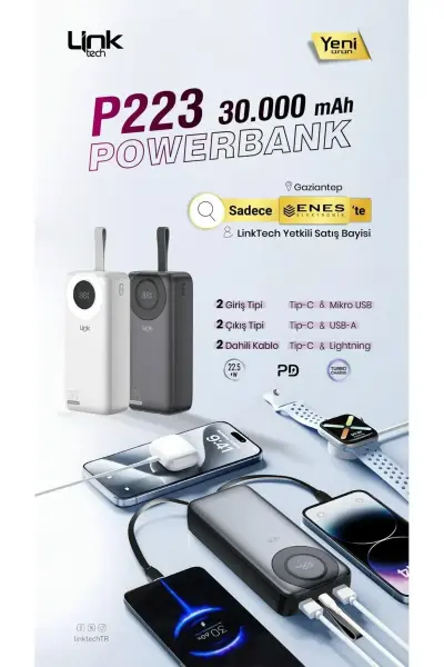 LİNKTECH LPB-P223 Dijital Ekranlı 22.5W turbo hızlı 30.000 Mah Hızlı Powerbank
