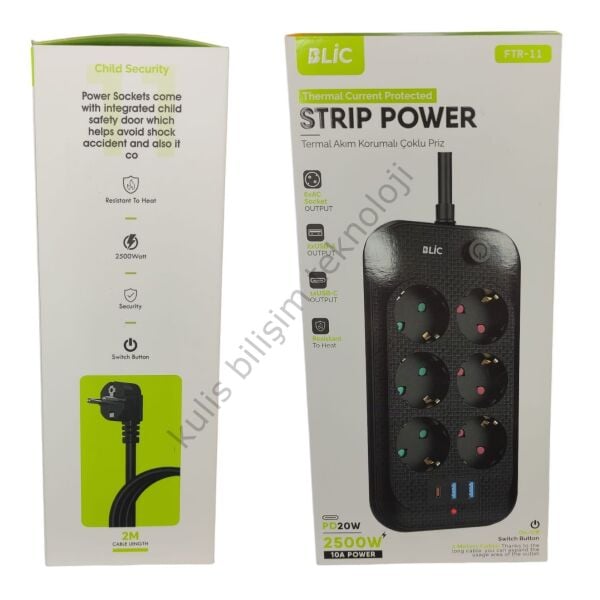 BLİC FTR-11 Termal Akım Korumalı 6lı Priz 2mt- 2xusb 1xpd  - Isıya Karşı Dayanıklı