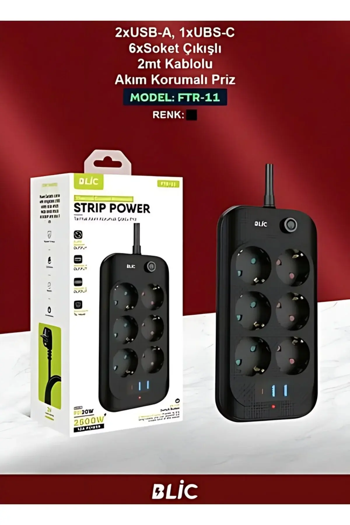 BLİC FTR-11 Termal Akım Korumalı 6lı Priz 2mt- 2xusb 1xpd  - Isıya Karşı Dayanıklı