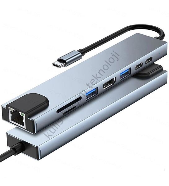 8’i 1 Arada Type-C To USB 4K HDMI RJ45 Ethernet 87W Pd Şarj Sd/tf Kart Okuyucu Hub Dönüştürücü