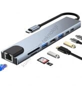 8’i 1 Arada Type-C To USB 4K HDMI RJ45 Ethernet 87W Pd Şarj Sd/tf Kart Okuyucu Hub Dönüştürücü