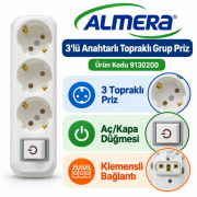 Almera 3 lü Anahtarlı Topraklı Klemensli Grup Priz