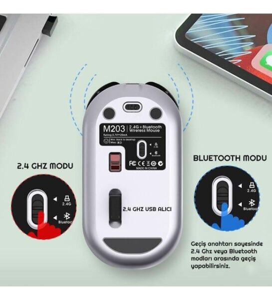 YK Desgn M203 Bluetooth ve 2.4 Ghz Şarjlı Ergonomik 1600 DPI Mouse