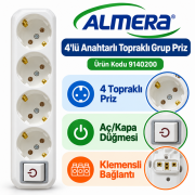 Almera 4 lü Anahtarlı Topraklı Klemensli Kablosuz Grup Priz