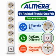 Almera 6 lı Anahtarlı Topraklı Klemensli Grup Priz