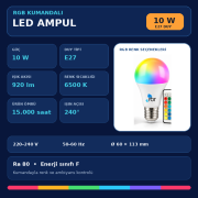 Rbr 10W E27 Kumandalı RGB Led Ampul 920 Lümen 6500K