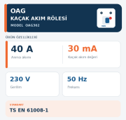 OAG 40A 30mA Kaçak Akım Rölesi OAG362 230V 50Hz