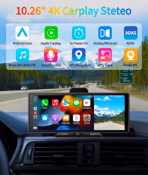 Yk3507 10'' Taşınabilir Apple Carplay & Android Auto, Ön & Arka Kameralı Torpido Üstü Araç Multimedya