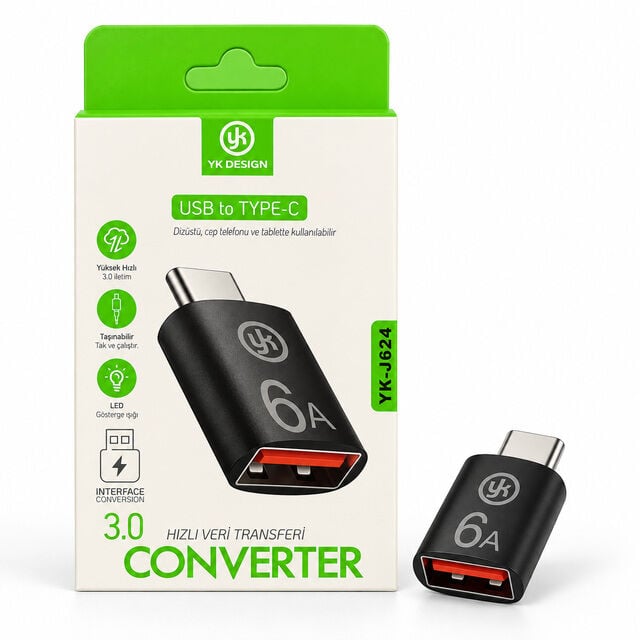 YK Design YK-J624 USB to Type-C 6A Otg Dönüştürücü