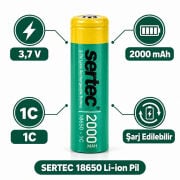 Sertec 18650 3.7V 2000 mAh Li-ion Şarj Edilebilir Pil