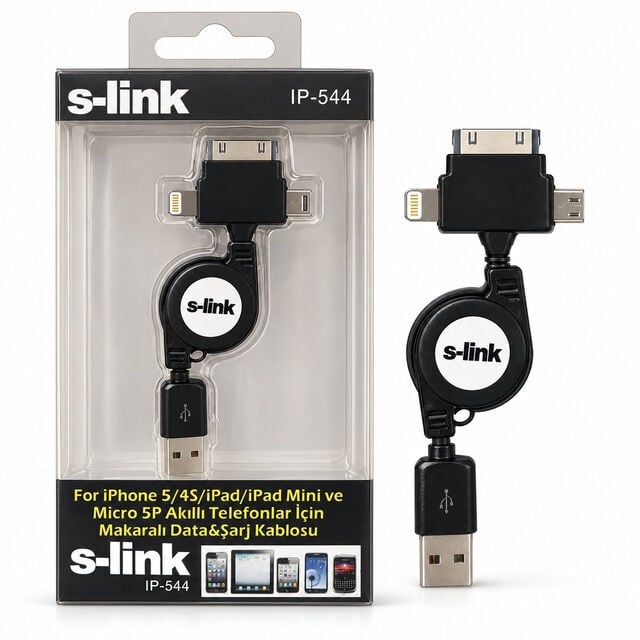 S-link IP-544 Makaralı Çoklu Şarj Kablosu 3 Başlıklı USB Kablo