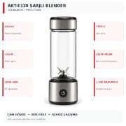 AKT AKT-E120 Taşınabilir Şarjlı Blender Cam Smoothie Mikseri