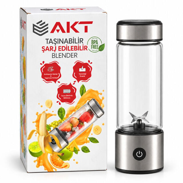 AKT AKT-E120 Taşınabilir Şarjlı Blender Cam Smoothie Mikseri