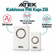 Atek LED 603011 Kablosuz Kapı Zili Pilli 100M Menzil 36 Melodi