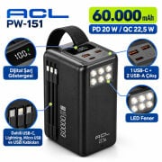 ACL PW-151 60000 mAh Hızlı Şarj Powerbank 22.5W Fenerli Kasa