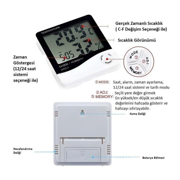 HTC-1 Masaüstü Dijital Termometre Sıcaklık ve Nem Ölçer - Masa Saati Alarm