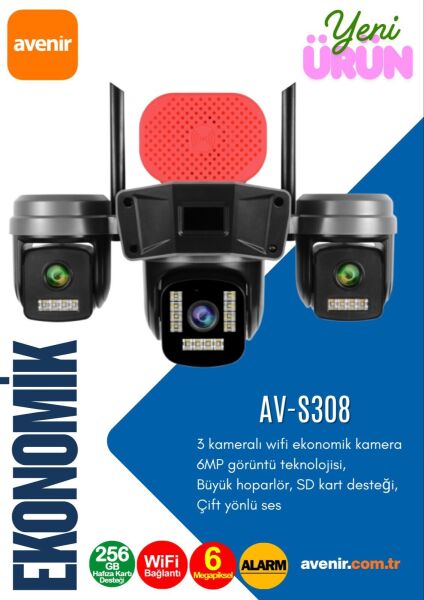 Avenir AV-S308 6MP 3 Kameralı Ptz Wifi Kamera