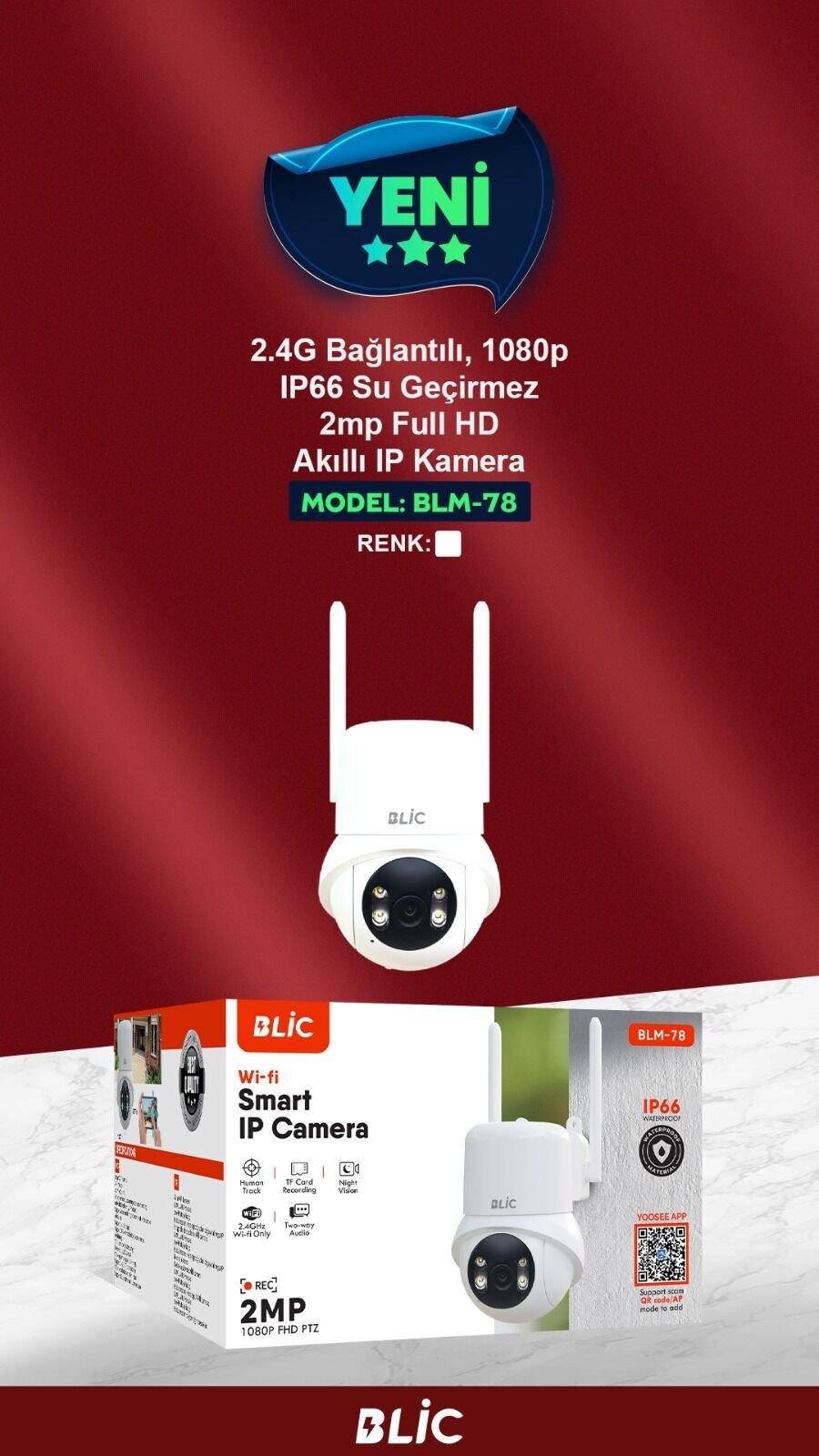 Blic BLM-78 2MP Akıllı IP Kamera | İnsan Takipli, Gece Görüşlü, WiFi Güvenlik Kamerası