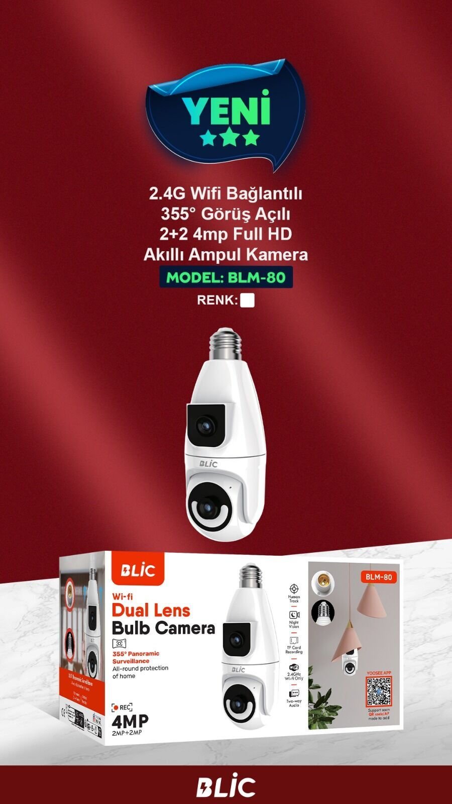 Blic BLM-80 4MP Çift Lens Ampül IP WiFi Akıllı Kamera