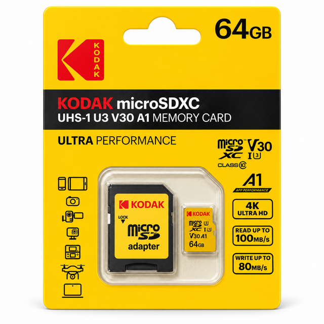 Kodak 64GB Hafıza Kartı MicroSDXC U3 V30 A1 100MBs