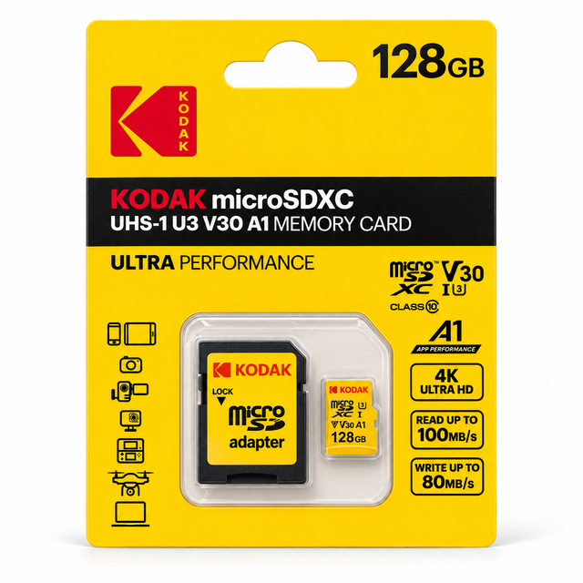 Kodak 128GB Hafıza Kartı MicroSDXC U3 V30 A1 100MBs