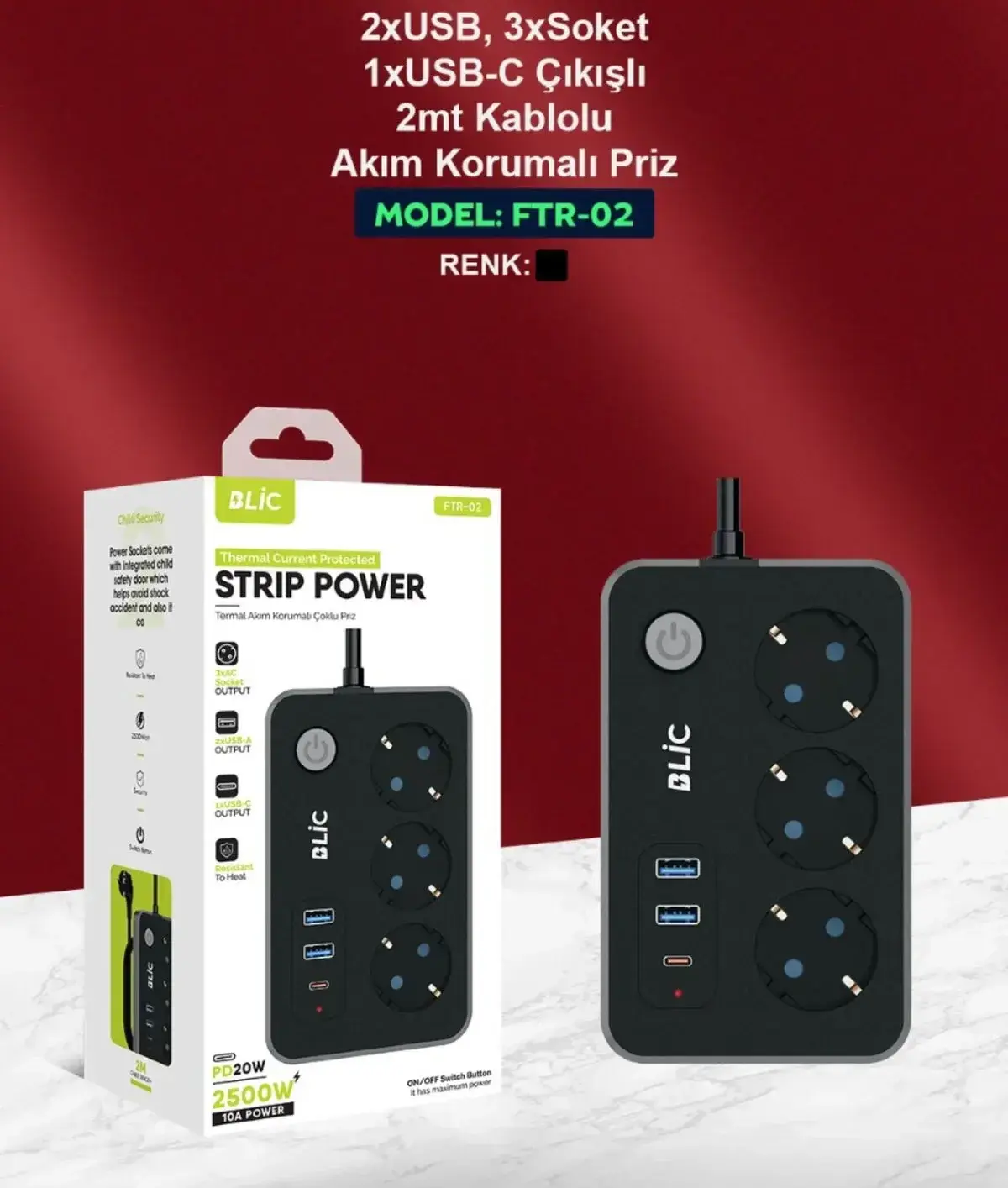 Blic FTR-02 Akım Korumalı 3 Yol Priz 2 Usb 1 Type-c 2m Kablo