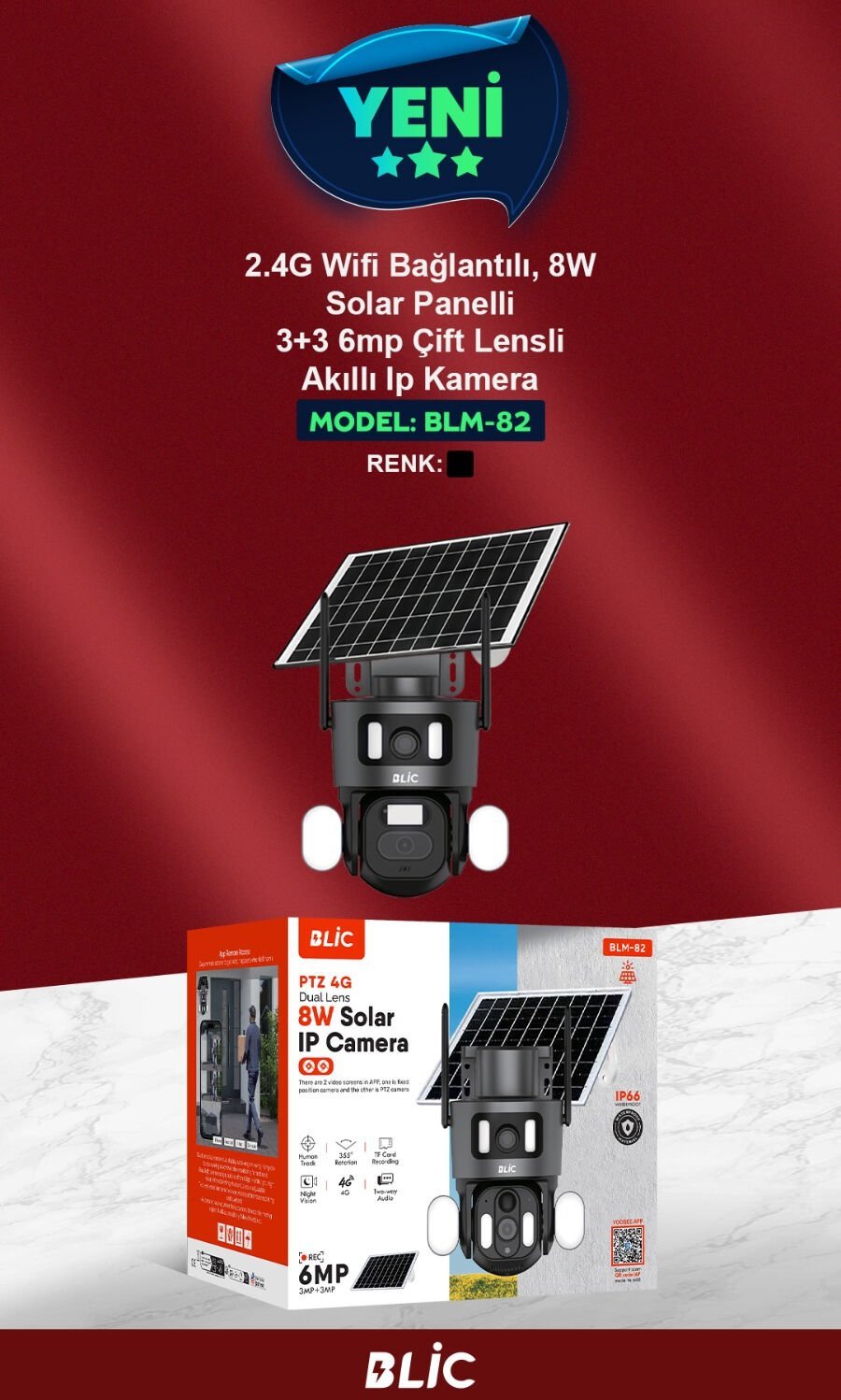 Blic BLM-82 4G Solar PTZ Çift Lens 6 Mp IP Kamera Sim Kartlı