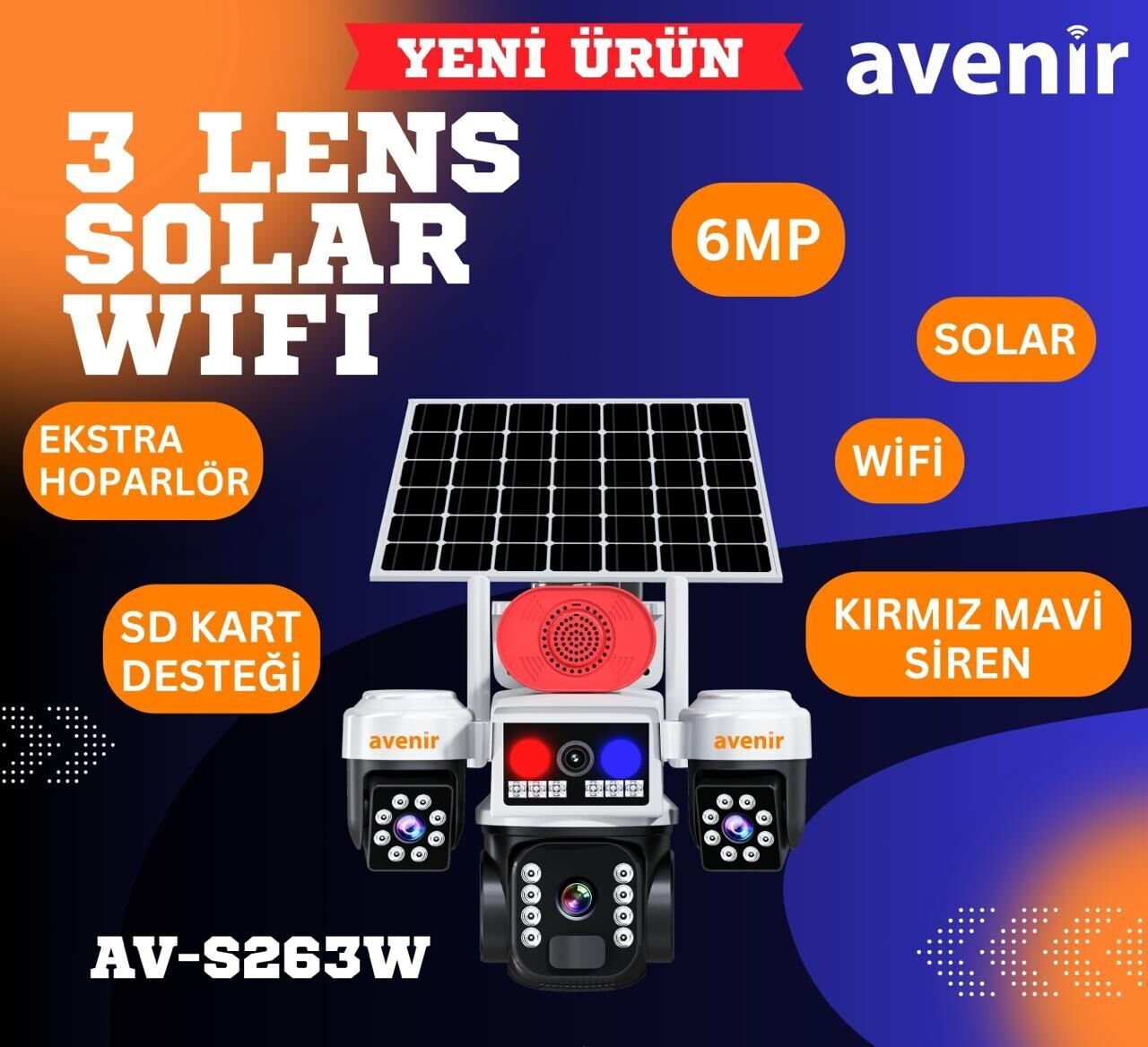 Avenir AVS263w 3 Kameralı Wifi Güneş Panelli güvenlik Kamera