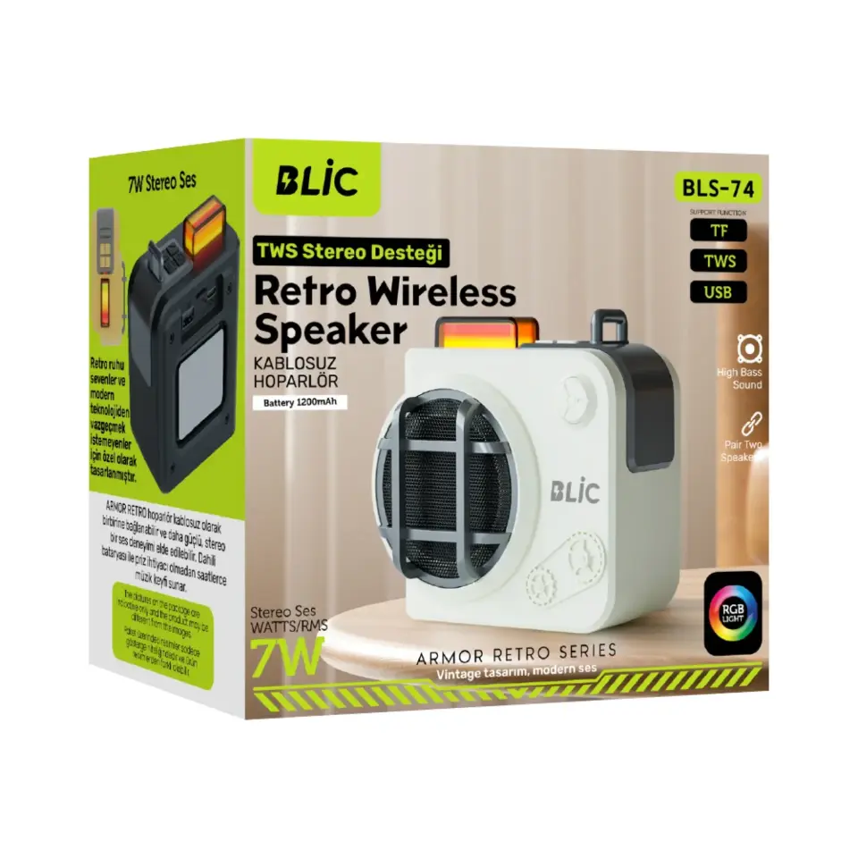 Blic BLS-74 retro Bluetooth hoparlör ve kutusu