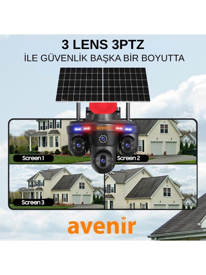 Avenir AV-S439 3 Lens 3 PTZ Solar 4G Sim Kartlı Kamera