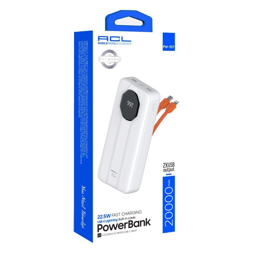 Acl Powerbank PW-107 - 22.5W 20.000mAh Dahili Kablolu