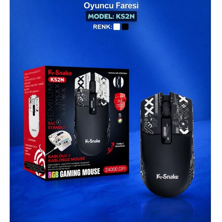 K-Snake KS2N Rgb 24000 Dpı Şarj Standlı Bluetooth+2.4ghz Gaming Mouse